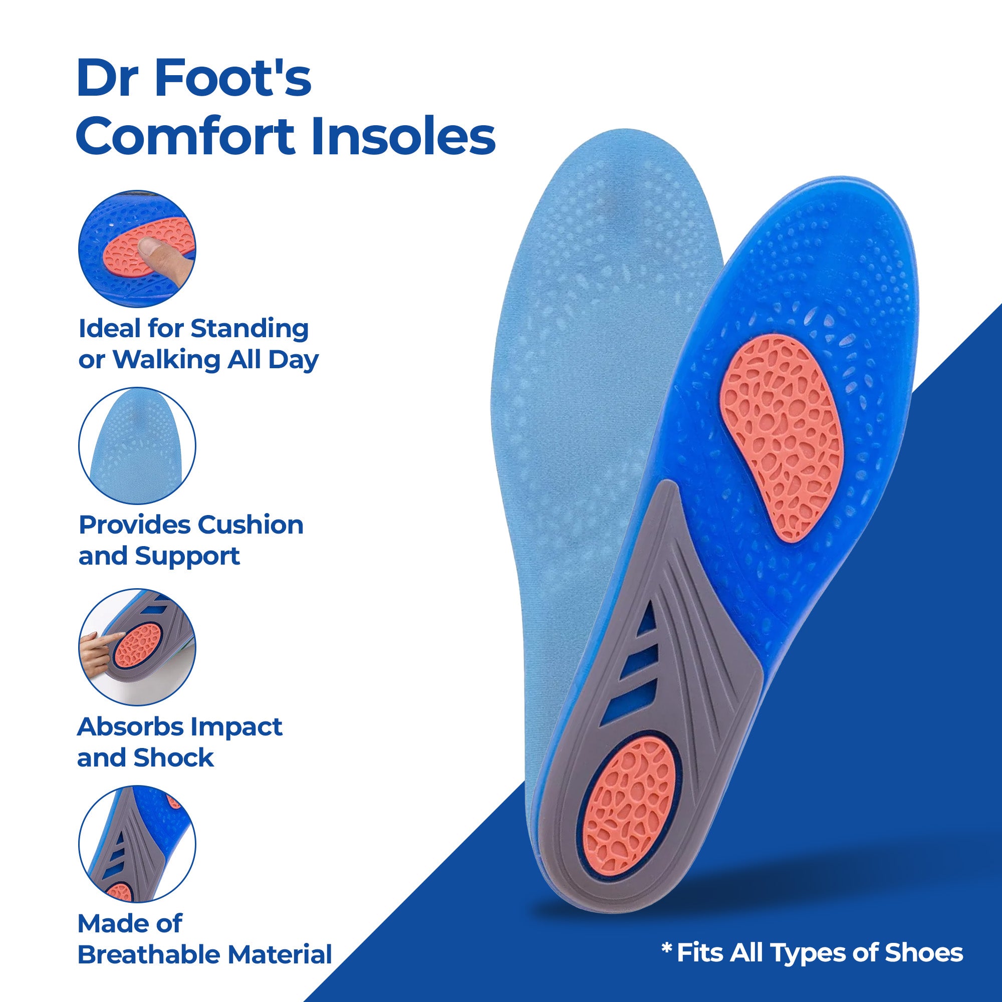 Dr Foot insoles - Fits in most shoe types for versatility